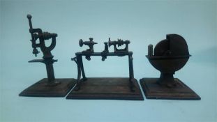 Three late 19th early 20th century industrial models of a lathe, grinder and pillar drill