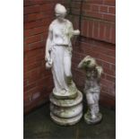 Two garden statues and one plinth