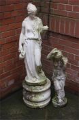 Two garden statues and one plinth