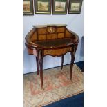 A French style burr walnut Ladies writing desk, with raised back, curving sides and single frieze