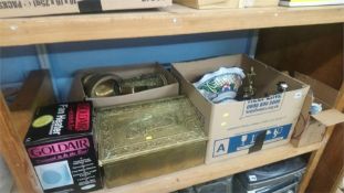 Brass slipper box, various china etc.