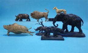 A collection of seven bronze and spelter animal figures