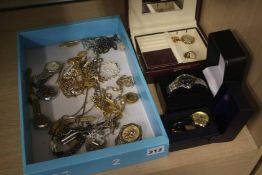 Tray of assorted costume jewellery and watches