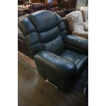 A green leather Lazy Boy recliner with fridge