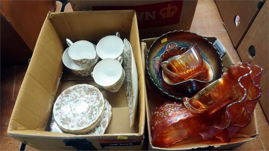 Tea set and carnival glass in two boxes