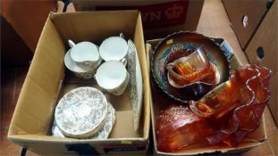 Tea set and carnival glass in two boxes