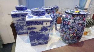 Two Maling caddies and two Chintz jugs