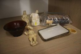 Various Oriental figures, Chinese horn bowl, books etc.