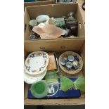 Two boxes including a pressed glass dressing set etc.
