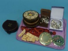 Tray of assorted including coral necklace, powder compact etc.