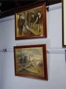 Two oils on board, indistinctly signed, 'View of a Colliery' and 'Handing over the Pit Lamps', 34