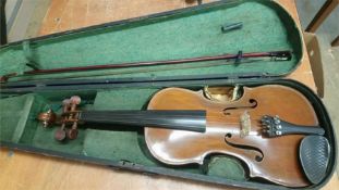 Violin, and bow, with coffin case