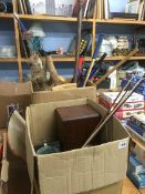 Two boxes including bows, taxidermy etc.