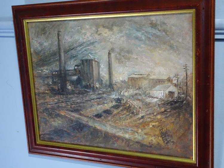 Two oils on board, indistinctly signed, 'View of a Colliery' and 'Handing over the Pit Lamps', 34 - Image 3 of 3