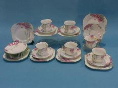 Six Shelley Pink Pansy pattern trios, six saucers and three side plates
