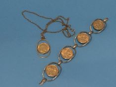 A 9ct bracelet set with four sovereigns, together with a sovereign pendant in 9ct mount. Total