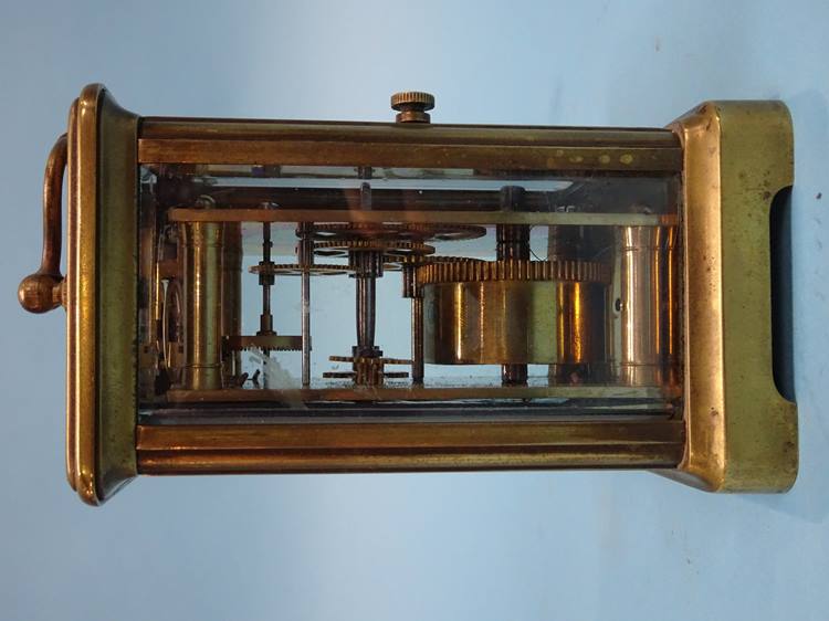 A brass four glass Carriage clock, French movement, unsigned dial - Image 2 of 4