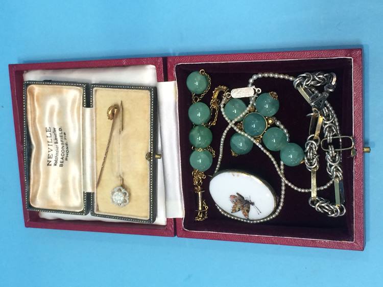 A Jade necklace, a seed pearl necklace, two pins etc. in a Harrods jewellery box