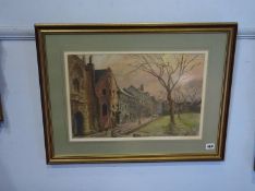 Walter Holmes, pastel, signed, 'Street scene with figures walking past a green', 30 x 46cm