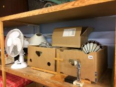 Lamps, fan and two boxes of assorted