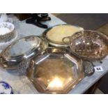 Assorted silver plate including a tureen, toast rack etc.