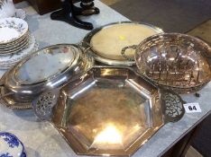 Assorted silver plate including a tureen, toast rack etc.