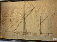 A drawing of a double masted boat on fabric