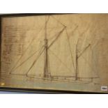 A drawing of a double masted boat on fabric