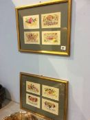 Two sets of framed silk postcards