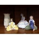 A Royal Doulton figure, Royal Worcester figure, Copenhagen figure and a Belleek vase