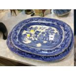 Two blue and white meat plates