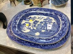 Two blue and white meat plates