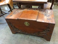 A camphor lined Oriental carved blanket box