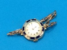 A Ladies 9ct gold wristwatch with enamelled bezel