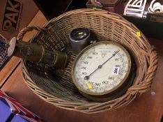 Eccles Miners lamp, pressure gauge etc.