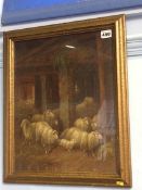 Oil on board, Indistinctly signed, 'Sheep in a barn yard', 40.5 x 32.5cm