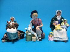 Three Royal Doulton figures 'Homecoming'; 'Rag doll seller' and 'Nanny'.