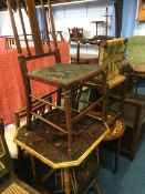 A Victorian bamboo table, Edwardian chair, two stools and a musical table