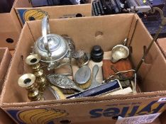 Box of assorted including silver back brush, scales etc.