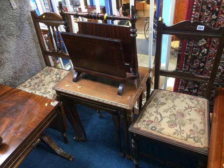 A pair of Edwardian chairs, nest of tables and a magazine rack