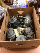 Box of assorted including pewter pots etc.