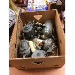 Box of assorted including pewter pots etc.