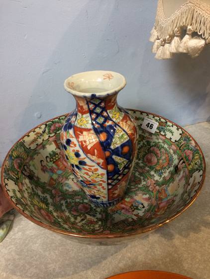 An Imari vase and a Canton bowl