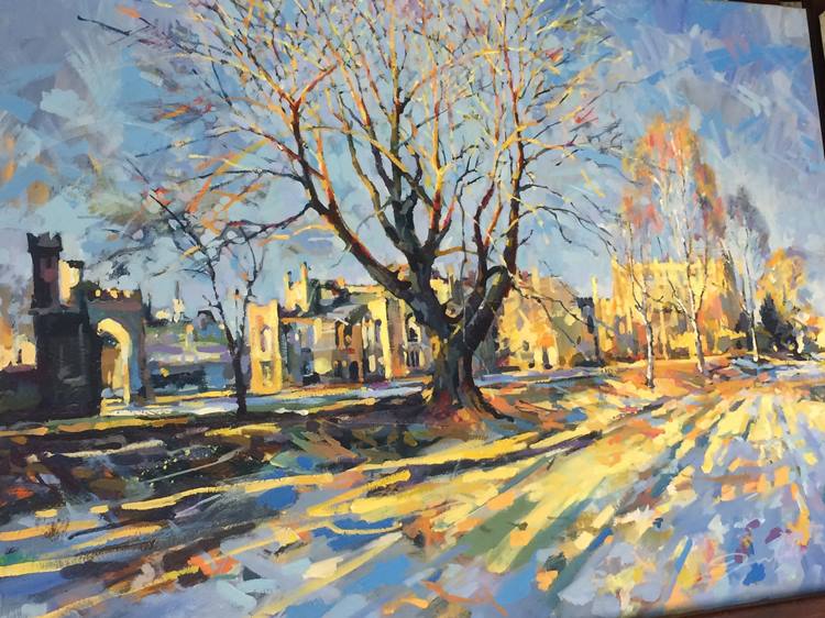 Jon Hall (b.1956-) Oil on canvas, signed, 'Bishop Auckland Castle in winter' - Image 2 of 2