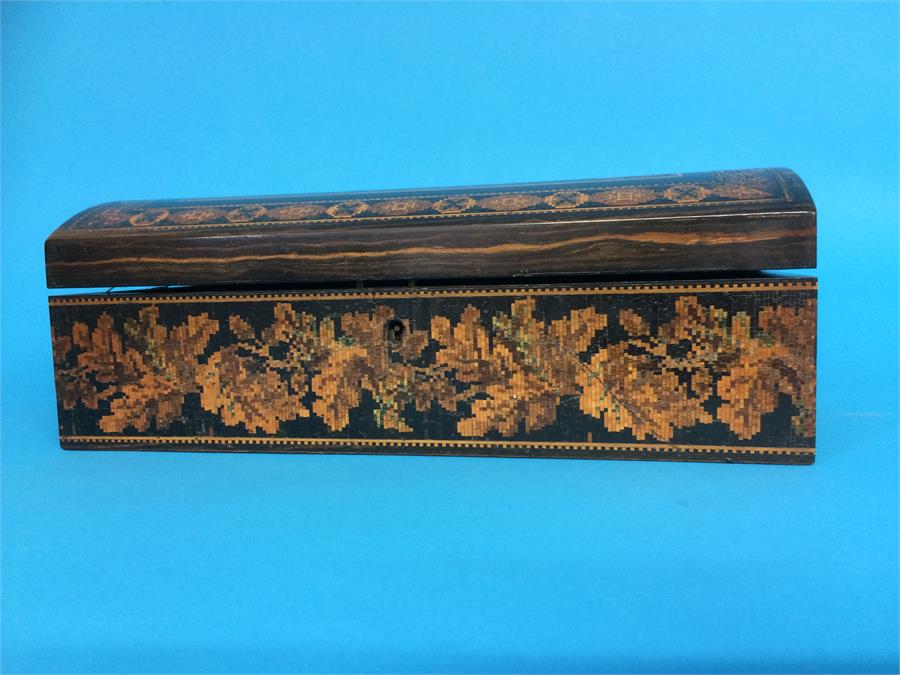 A Tunbridge ware marquetry and micro musical writing slope and glove case - Image 17 of 19
