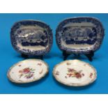 Pair of 'Dresden' hand decorated saucers and a pair of matching mini blue and white meat plates