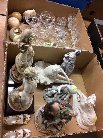 Two trays of cut glass and figurines