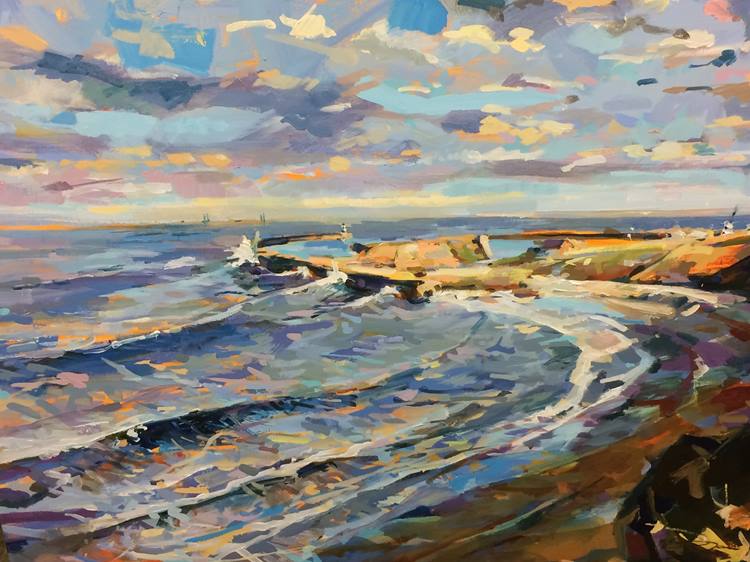 Jon Hall (b.1956-) Oil on canvas, signed, 'Cliff top at Seaham with drilling rigs in distance'