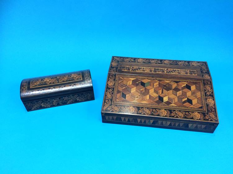 A Tunbridge ware marquetry and micro musical writing slope and glove case