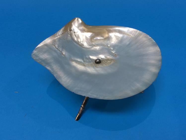 A Mother of Pearl dish mounted on silver metal simulated bamboo legs - Bild 4 aus 4
